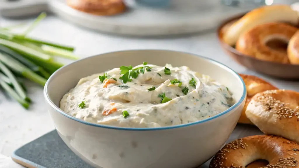 Creamy bagel dip served with sliced bagels, pita chips, and fresh vegetable sticks.