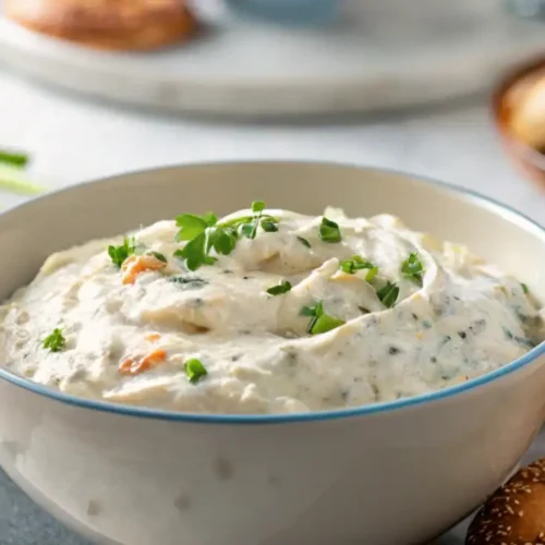 Creamy bagel dip served with sliced bagels, pita chips, and fresh vegetable sticks.