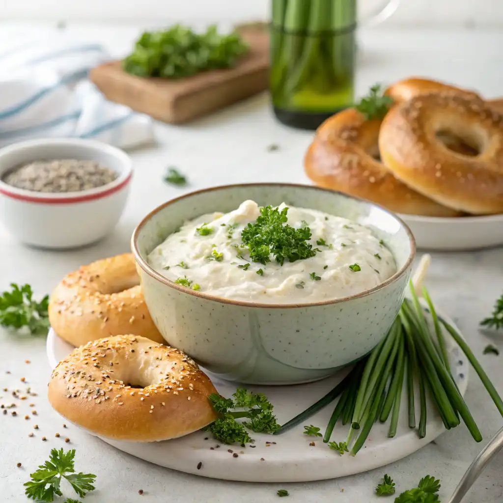 Creamy bagel dip served with sliced bagels, pita chips, and fresh vegetable sticks.