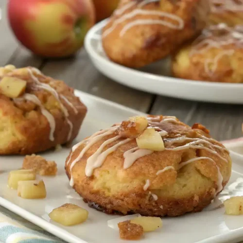 Baked apple fritters with cinnamon and glaze on a plate.