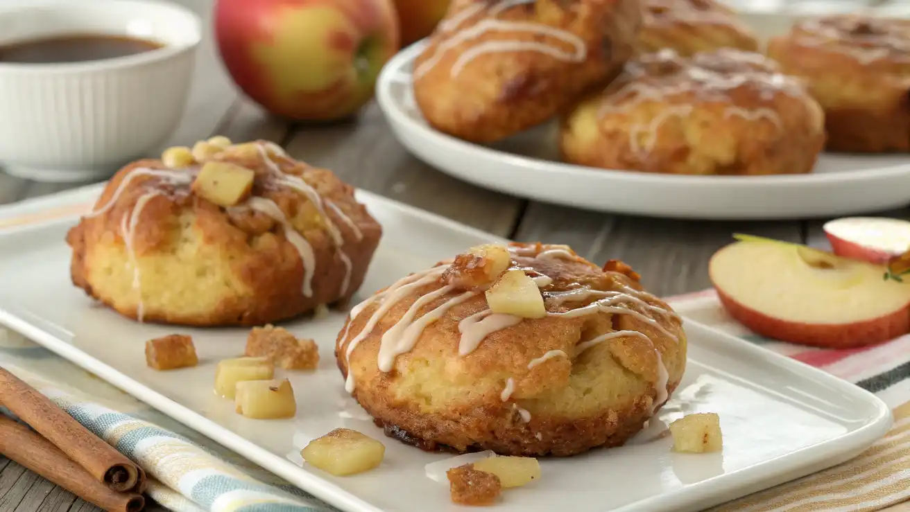 Baked apple fritters with cinnamon and glaze on a plate.