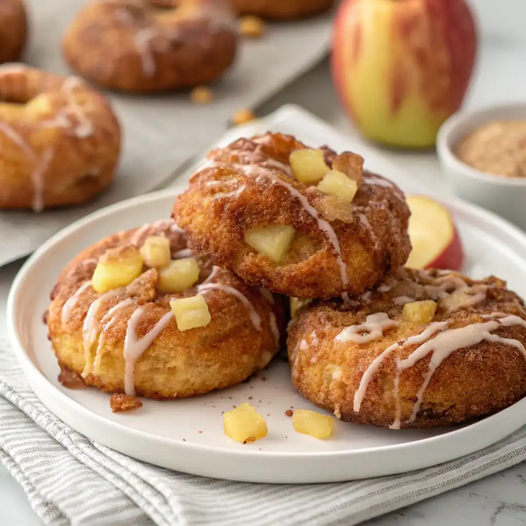 Warm baked apple fritters with a cinnamon and sugar coating.