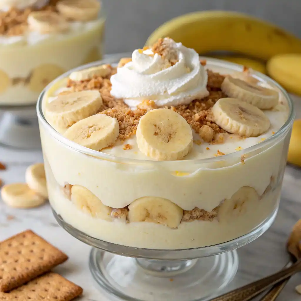 Overhead view of dairy-free banana pudding in a trifle dish, layered with creamy pudding, fresh banana slices, topped with dairy-free whipped cream, graham cracker crumbs, and a dusting of cinnamon.