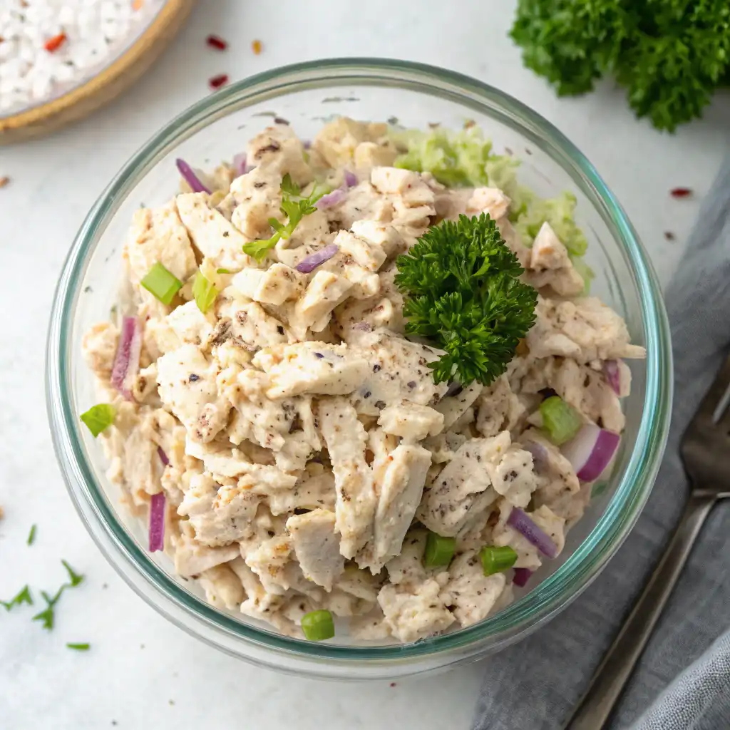 A bowl of canned chicken salad with crackers and fresh vegetables.