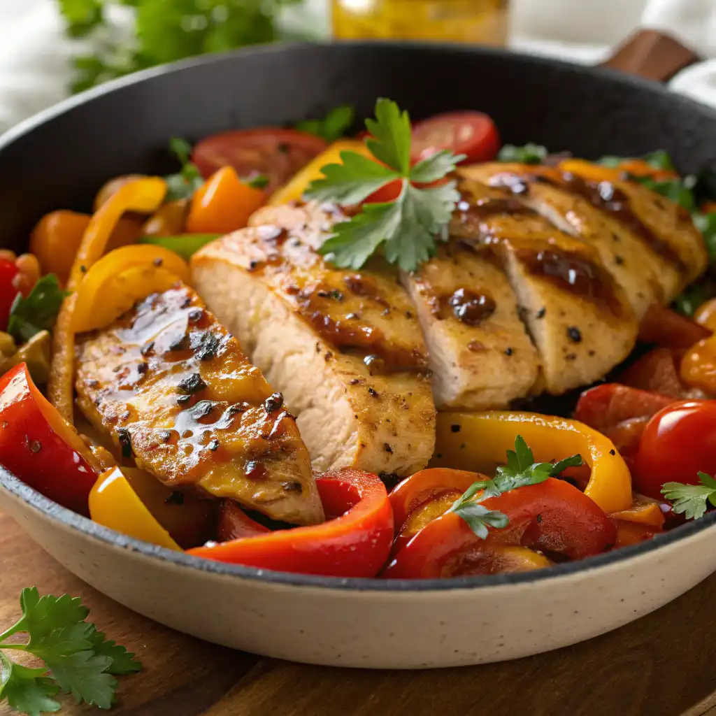 An appetizing serving of Cava chicken with grilled chicken, golden-brown glaze, roasted vegetables, and parsley garnish.