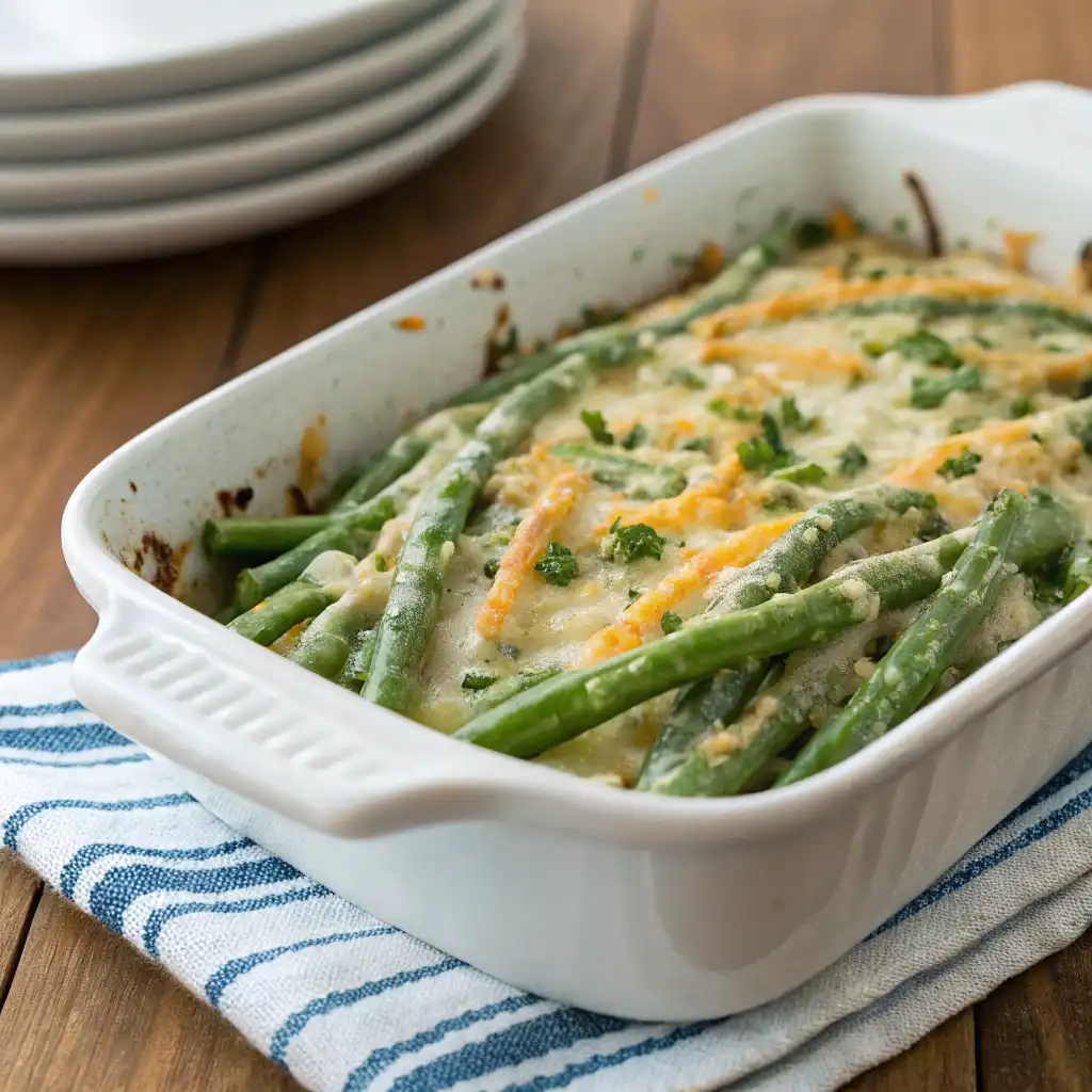 Close-up of cheesy green beans recipe topped with gooey cheddar cheese and fresh herbs in a white baking dish.