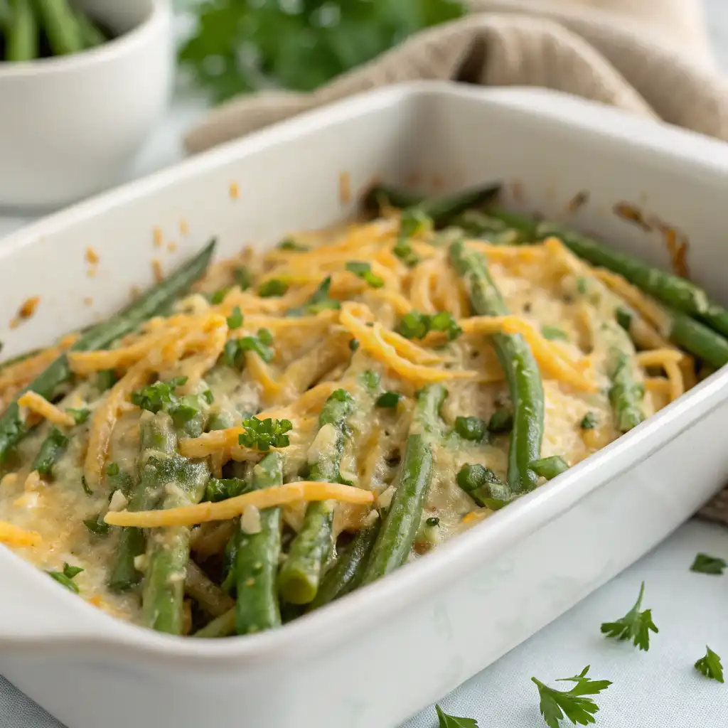 A close-up of cheesy green beans in a white dish, topped with golden melted cheddar cheese and garnished with fresh herbs.