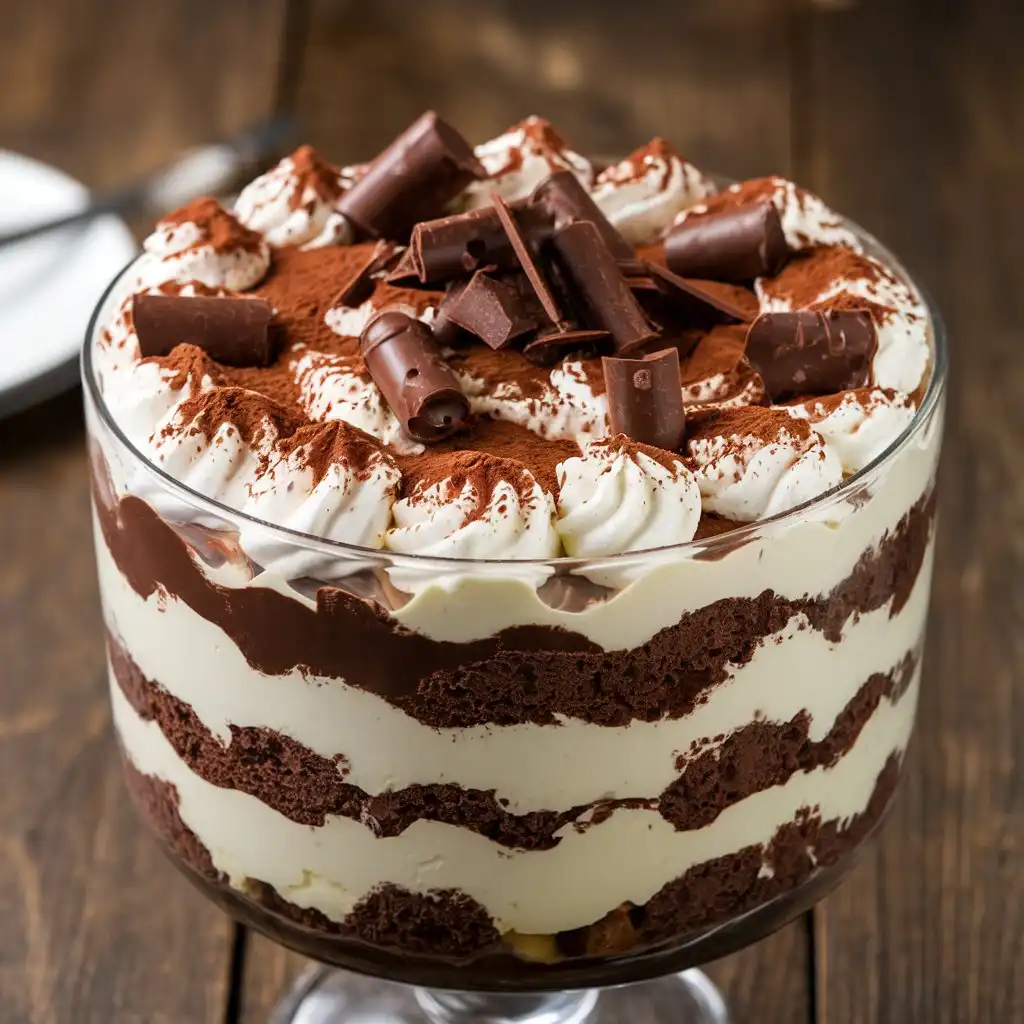 Chocolate trifle with cake, mousse, and whipped cream layered in a clear bowl.