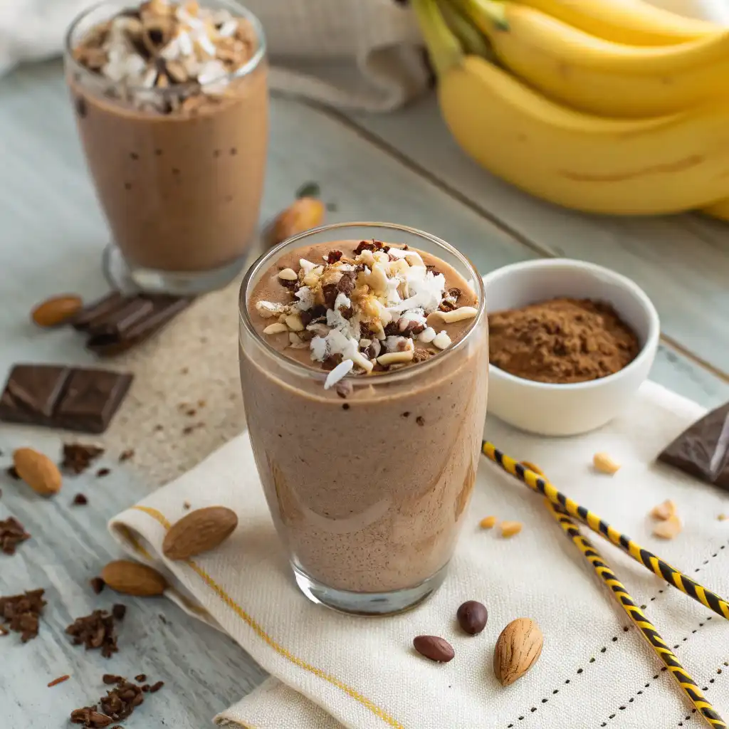 German chocolate smoothie served in a glass, garnished with chocolate chips, shredded coconut, and a drizzle of peanut butter, with ingredients scattered around.