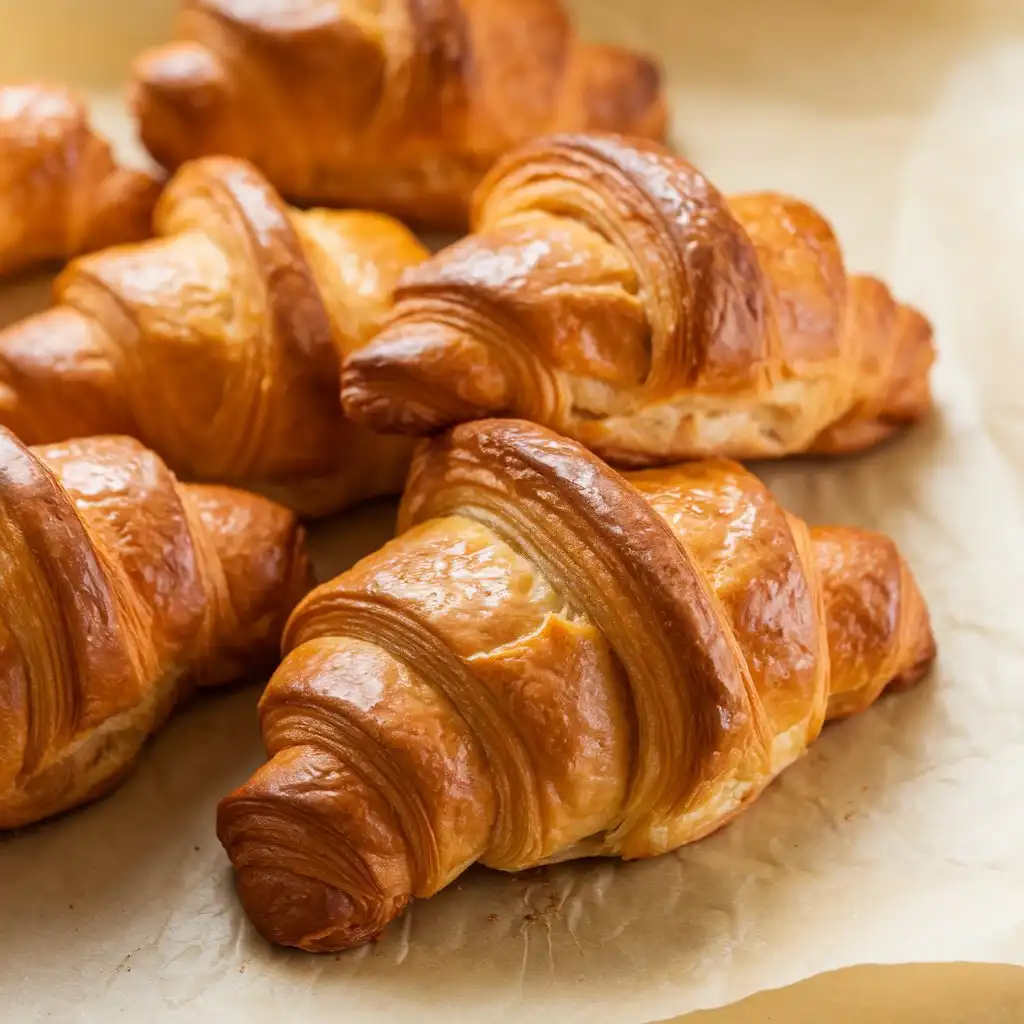 A plate of freshly baked gipfeli with a golden, flaky crust, arranged neatly and glowing under soft natural light.