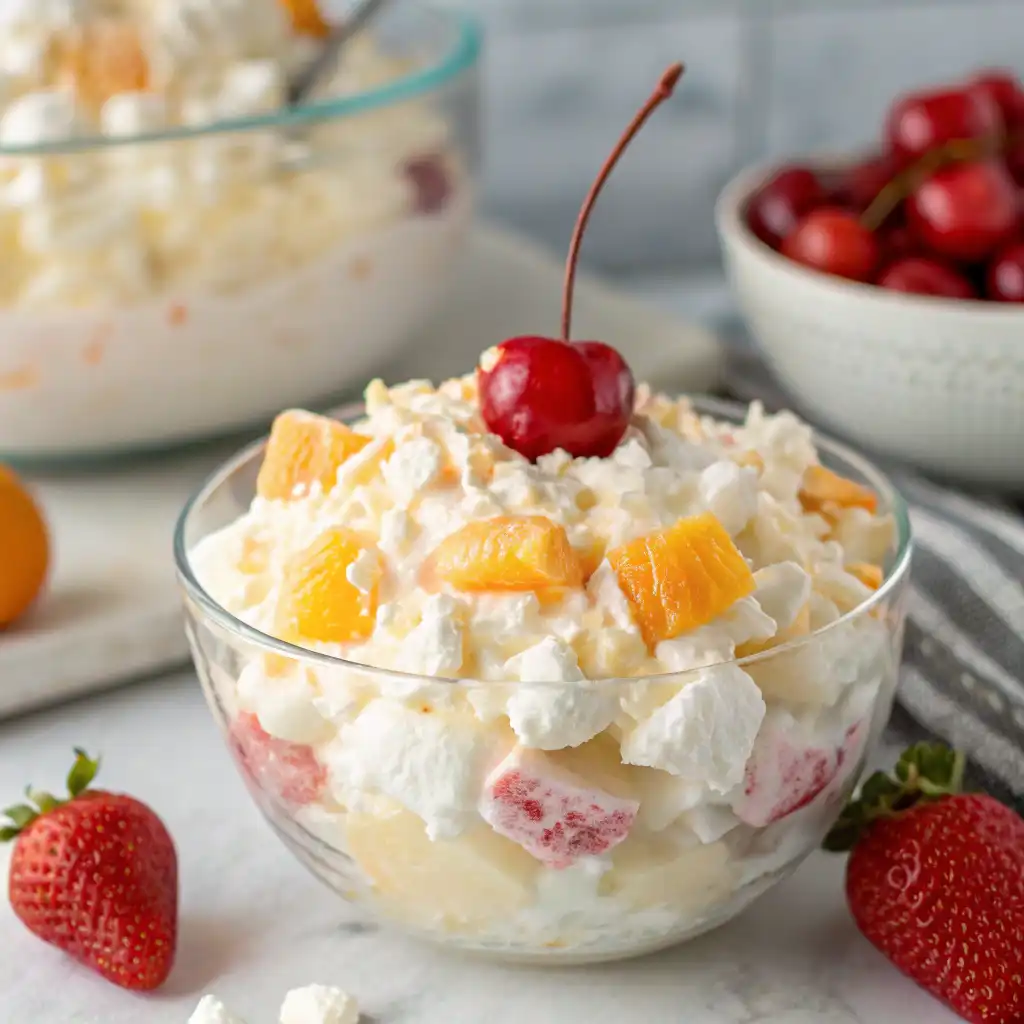 A beautifully presented bowl of Glorified Rice, topped with cherries and a sprinkle of coconut, served on a table.