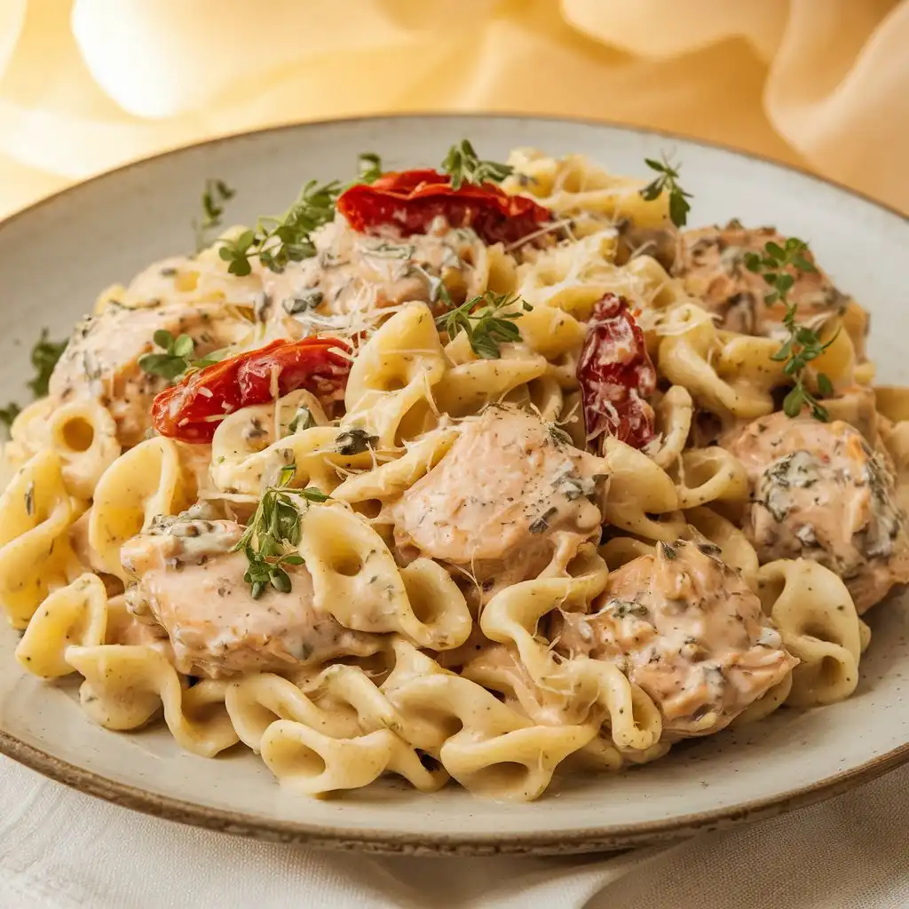 A close-up of Marry Me Chicken Pasta, featuring creamy sauce, tender chicken pieces, sun-dried tomatoes, and a sprinkle of Parmesan.