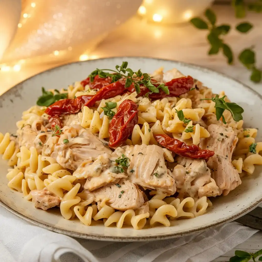 A delicious plate of Marry Me Chicken Pasta with tender chicken, creamy sauce, sun-dried tomatoes, and fresh basil garnish.