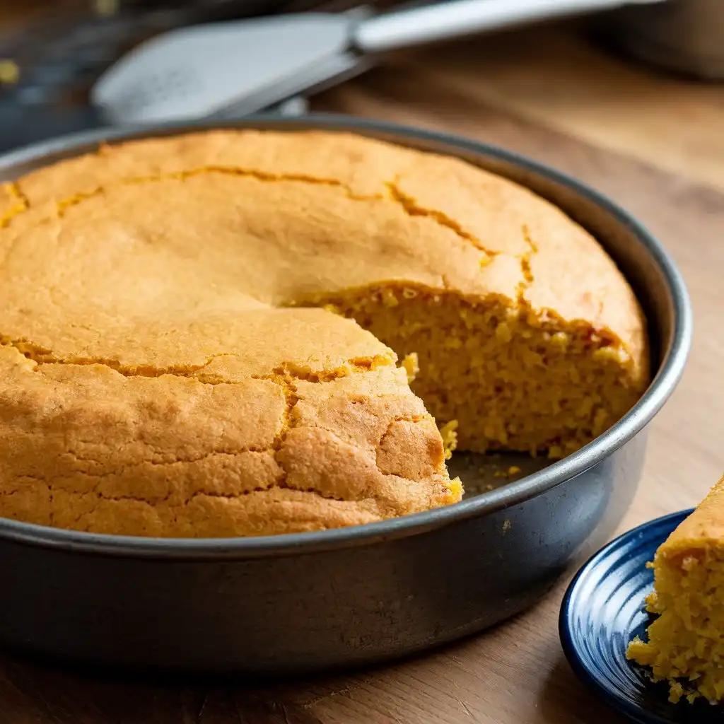 A warm slice of golden Mexican cornbread on a wooden surface.