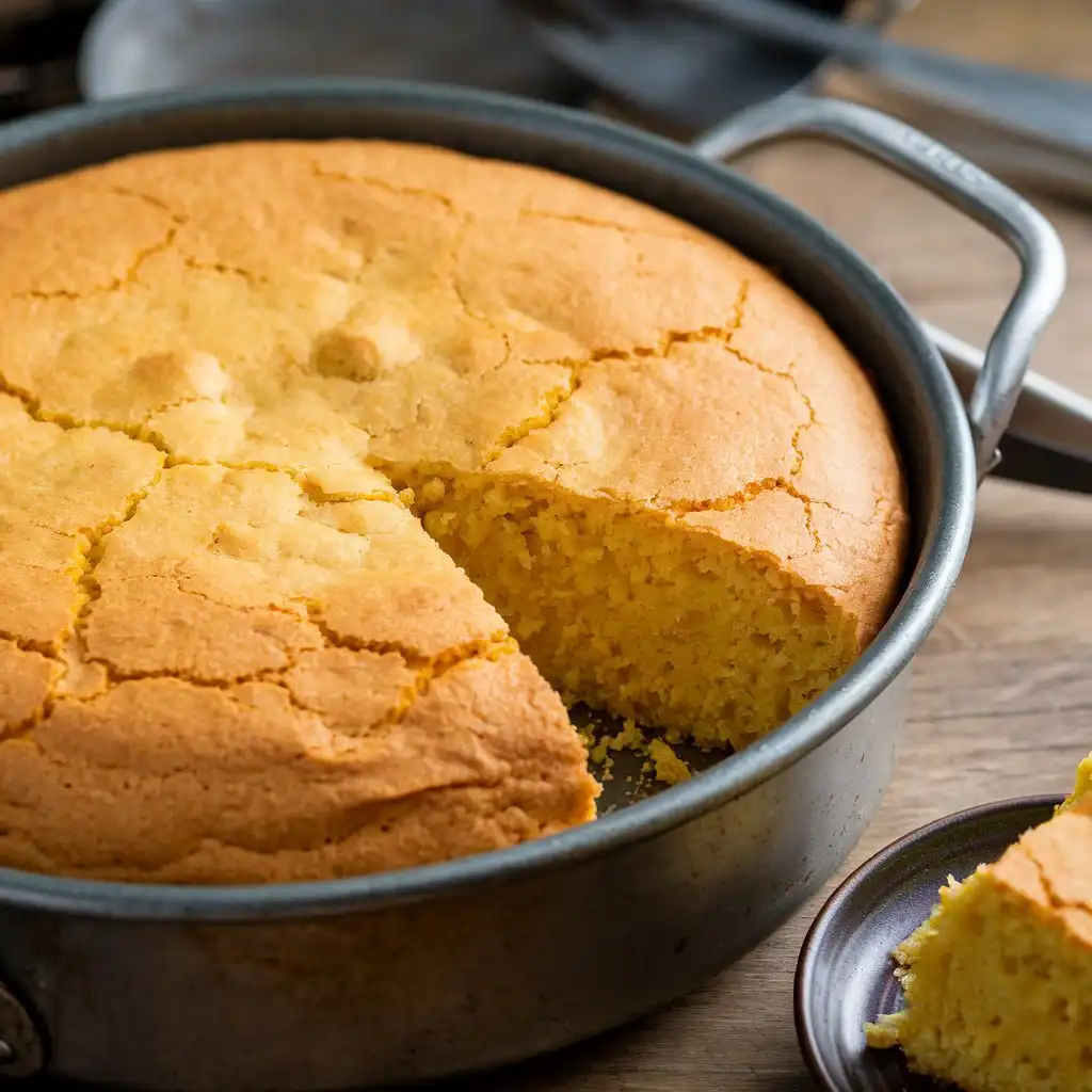 A slice of freshly baked Mexican cornbread on a rustic wooden surface.