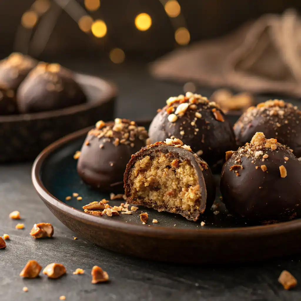 A plate of homemade pecan pie balls with chopped pecans on top.