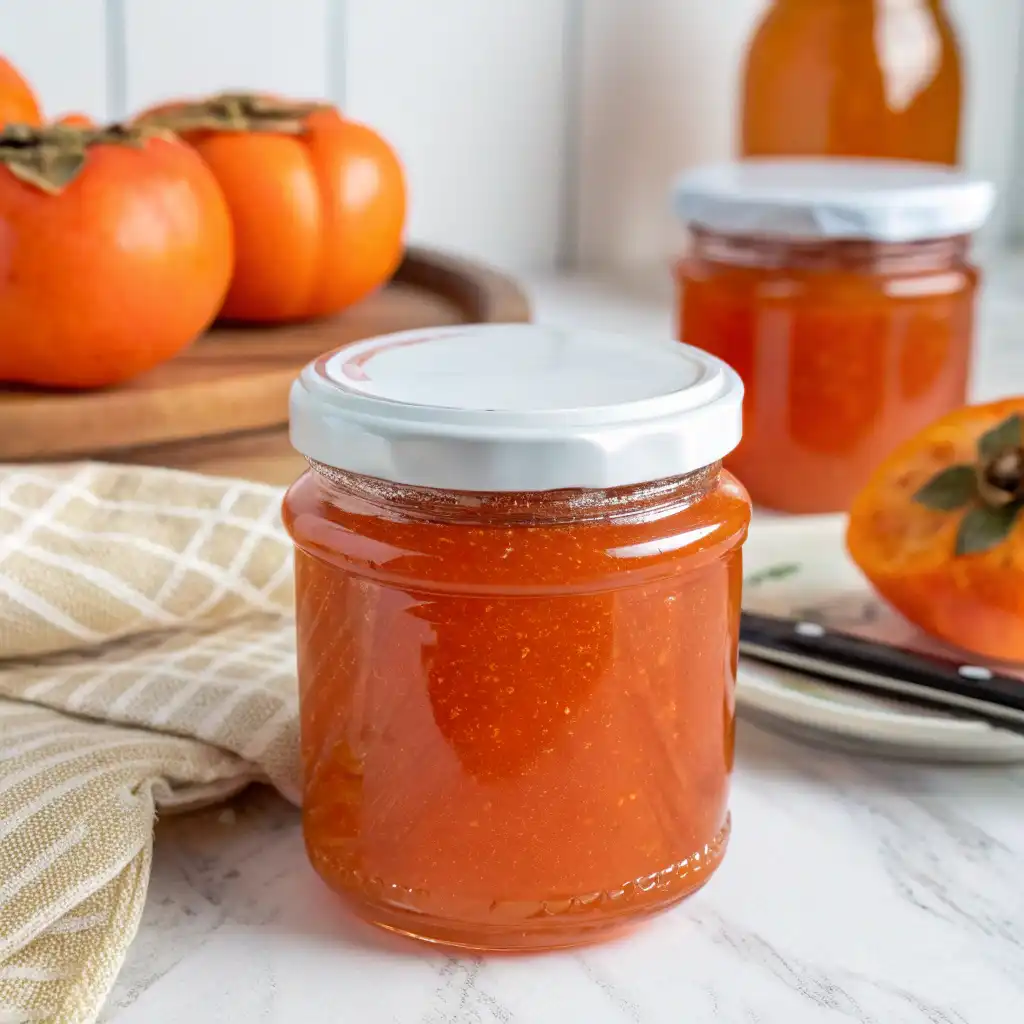 Persimmon jelly recipe jars with fresh persimmons and sugar on a wooden table.