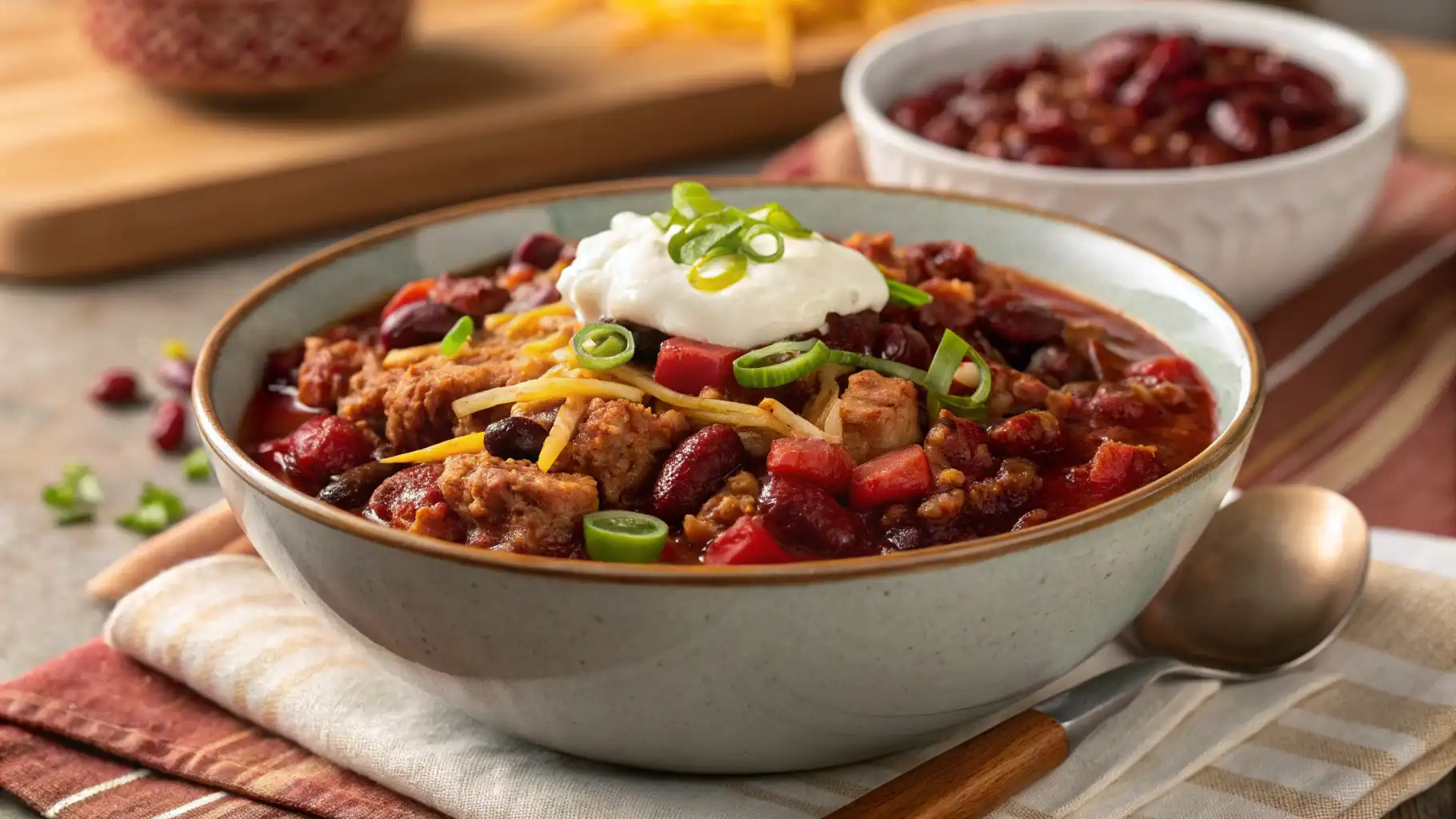 A warm bowl of turkey cranberry chili with ground turkey, cranberries, kidney beans, and spices, topped with fresh cilantro and sour cream.