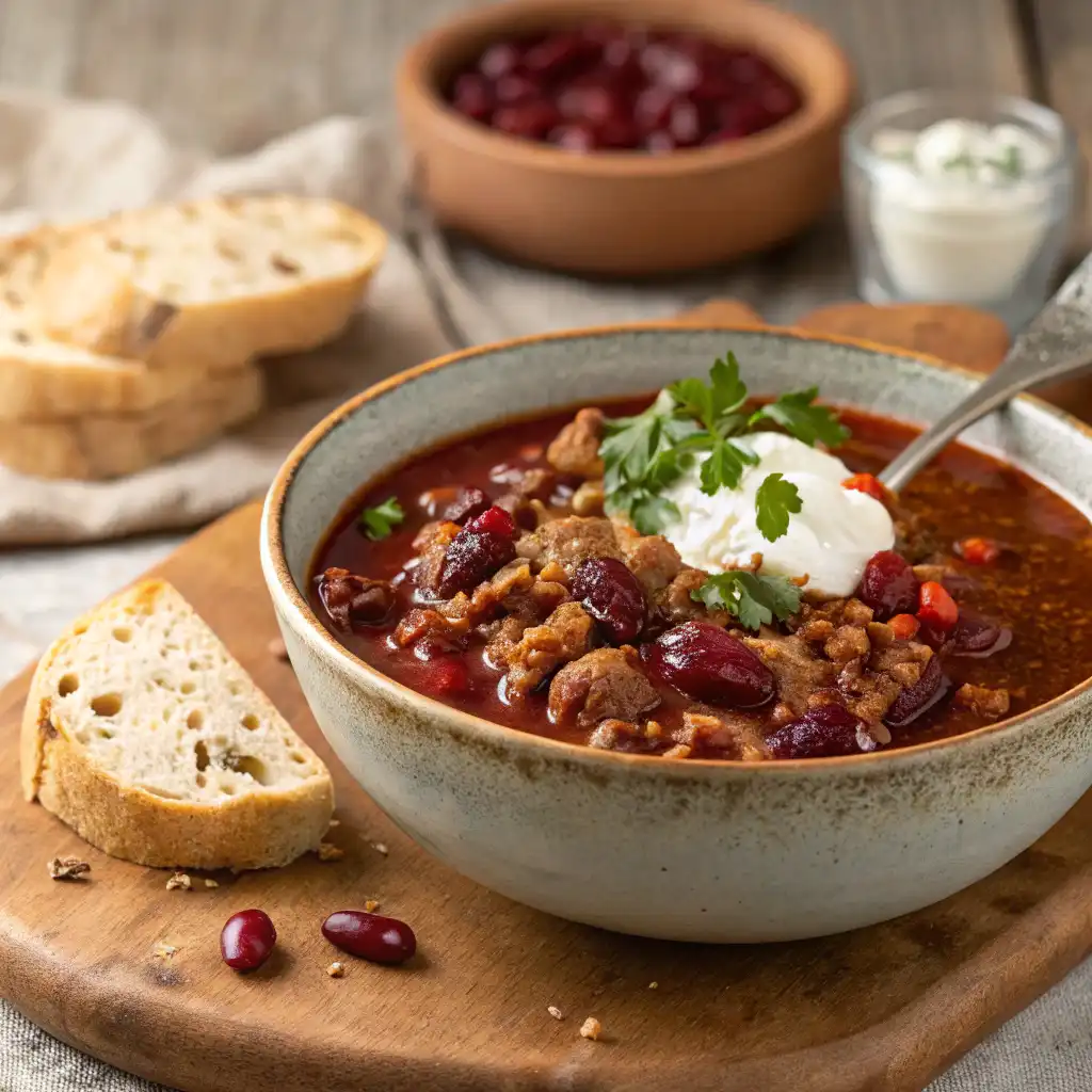 A comforting bowl of turkey cranberry chili with ground turkey, cranberries, kidney beans, topped with cilantro and sour cream.