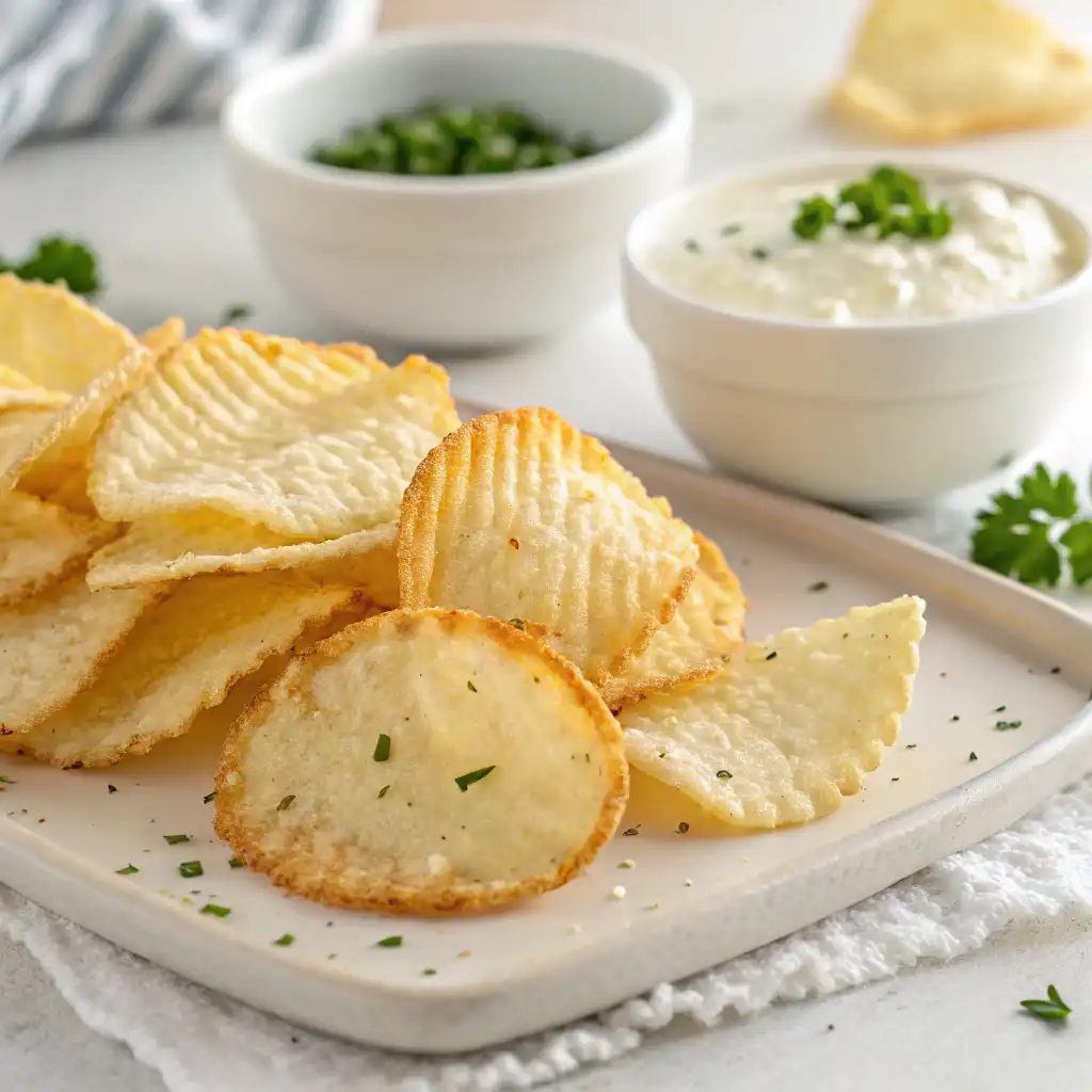 Crispy homemade cottage cheese chips with seasoning on a plate.