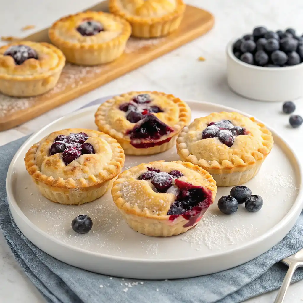 Golden mini blueberry pies with a flaky crust and rich blueberry filling, served on a rustic wooden table.