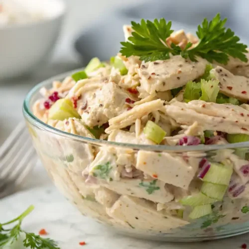 Delicious canned chicken salad served on a plate with crackers and fresh vegetables.