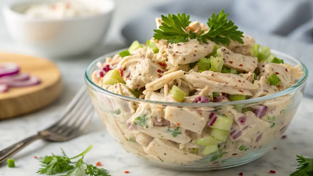 Delicious canned chicken salad served on a plate with crackers and fresh vegetables.