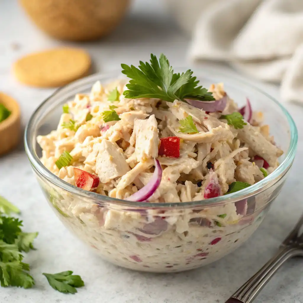  Canned chicken salad served with crackers and vegetables for a quick, healthy meal.