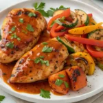 A top view of a plate featuring tender Catalina Chicken glazed with vibrant Catalina dressing, garnished with parsley and black pepper, served with roasted vegetables and a drizzle of dressing.