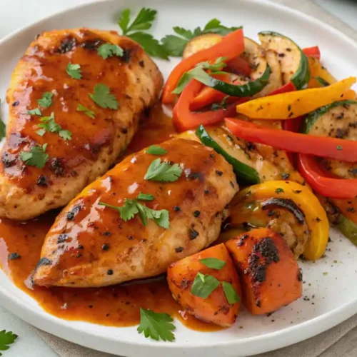 A top view of a plate featuring tender Catalina Chicken glazed with vibrant Catalina dressing, garnished with parsley and black pepper, served with roasted vegetables and a drizzle of dressing.