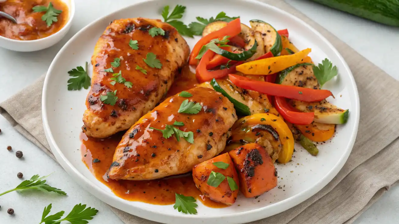 A top view of a plate featuring tender Catalina Chicken glazed with vibrant Catalina dressing, garnished with parsley and black pepper, served with roasted vegetables and a drizzle of dressing.