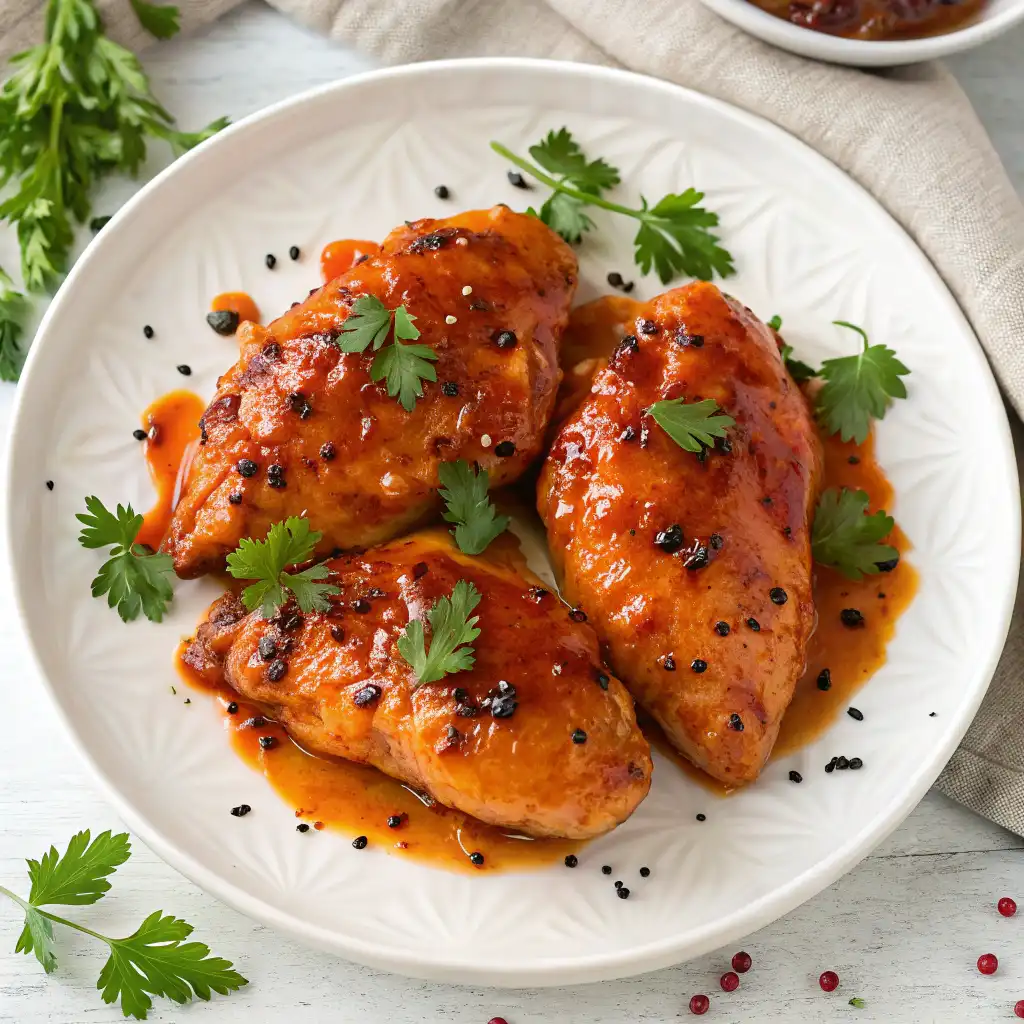 A top view of tender Catalina Chicken glazed with sweet and tangy dressing, garnished with fresh parsley and black pepper.