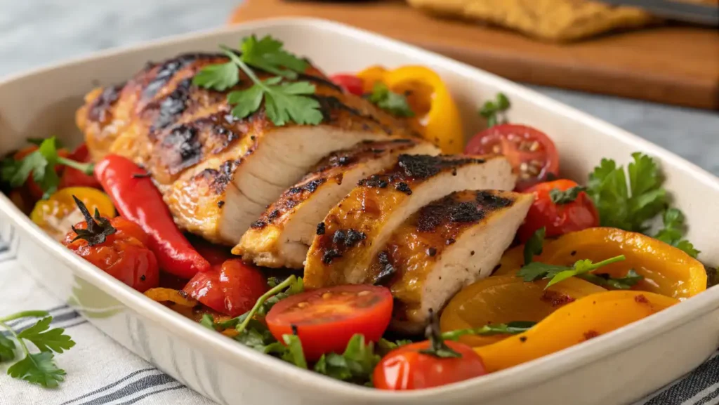 Cava chicken with juicy grilled chicken, roasted vegetables, and a golden-brown glaze, garnished with parsley.