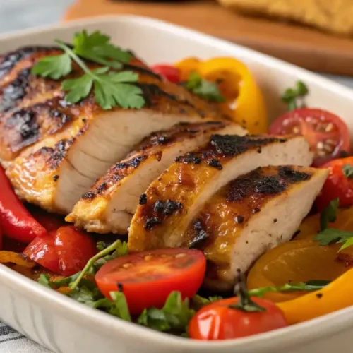 Cava chicken with juicy grilled chicken, roasted vegetables, and a golden-brown glaze, garnished with parsley.