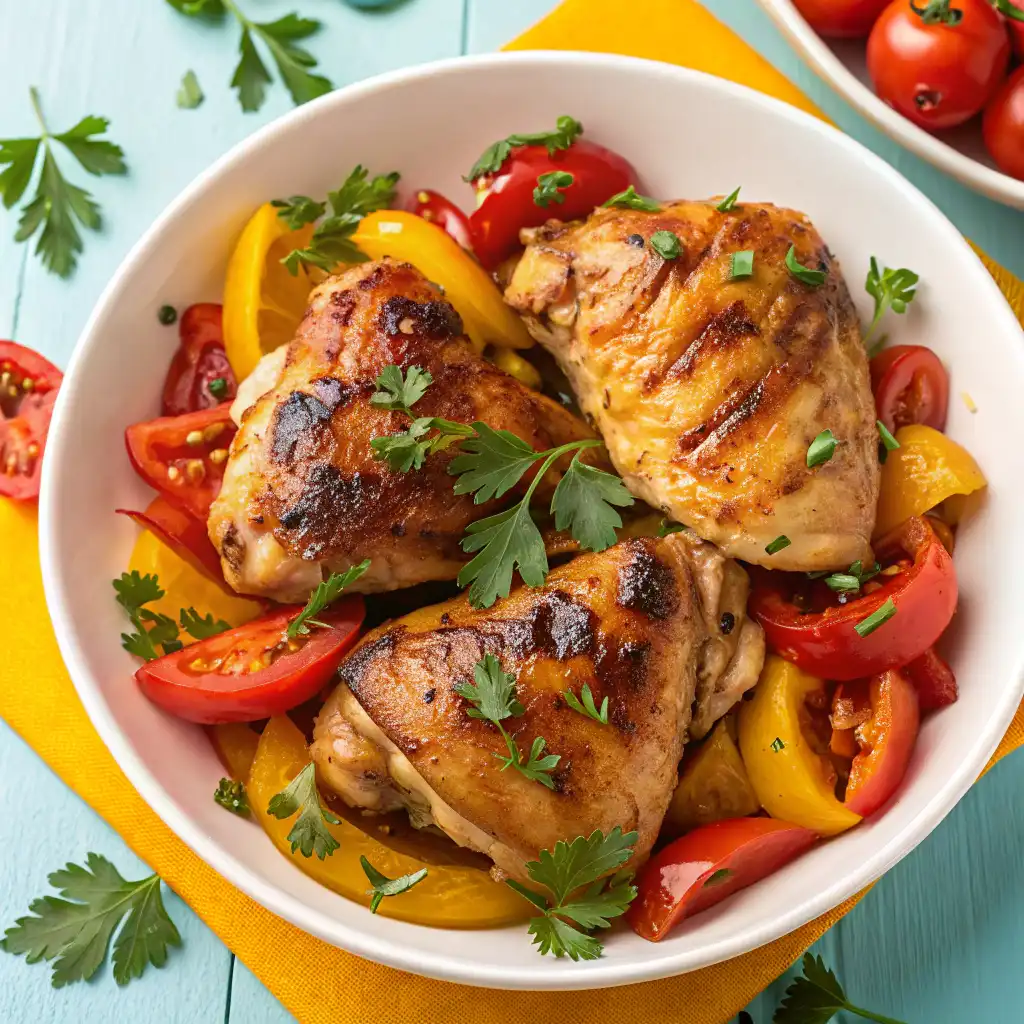 Top view of beautifully plated Cava chicken recipe with juicy grilled chicken, roasted vegetables, and a golden-brown glaze, garnished with parsley.