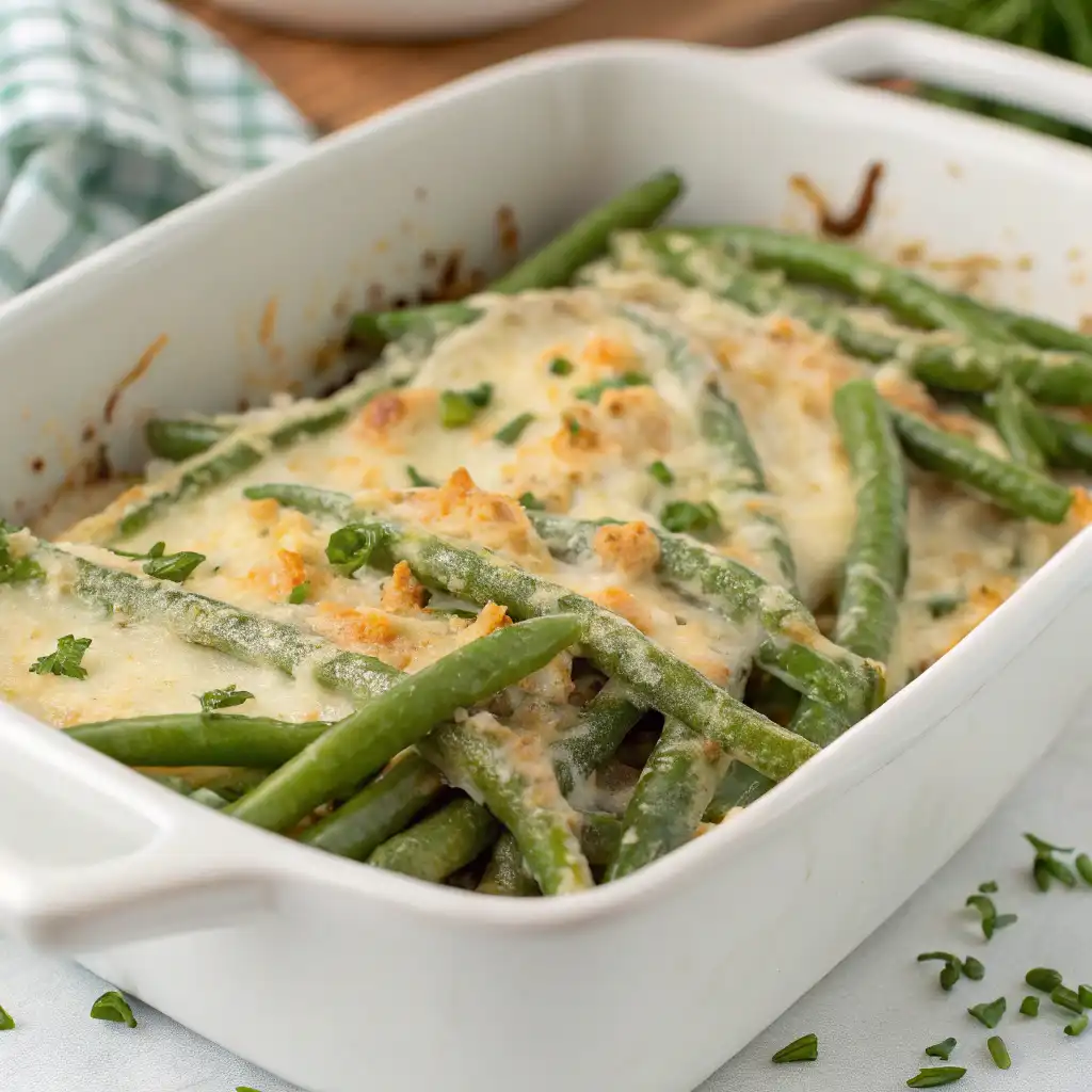 Close-up of a cheesy green bean casserole with melted cheddar cheese and a sprinkle of fresh herbs on top.