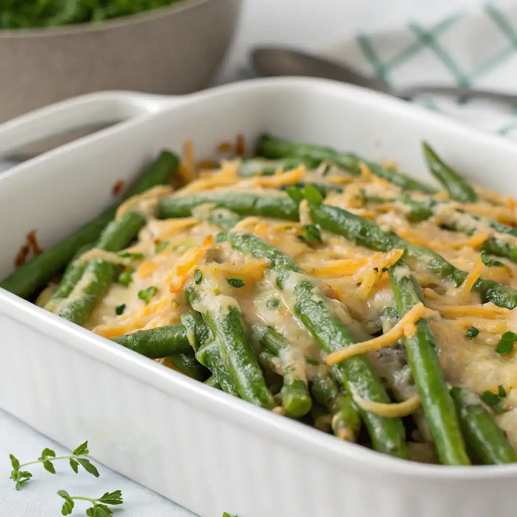 Close-up of a cheesy green bean casserole with gooey cheddar cheese and a sprinkle of fresh herbs on top.