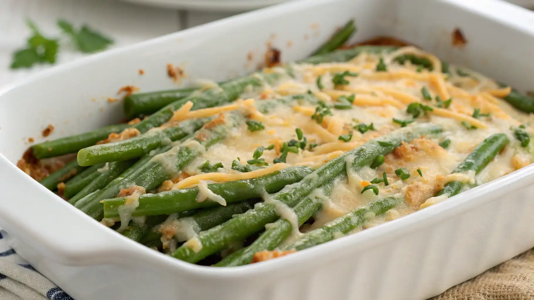 A close-up of a cheesy green bean casserole with melted cheddar cheese and chopped herbs.