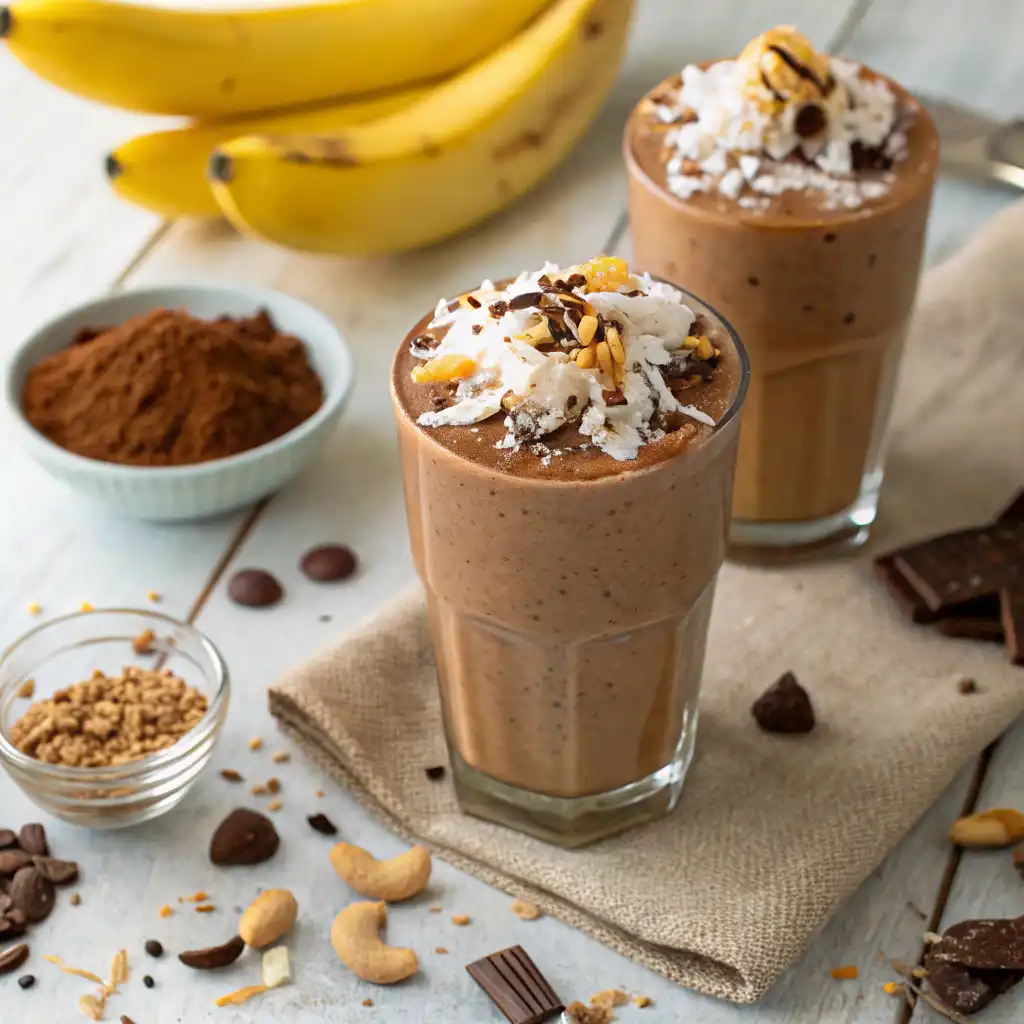 German chocolate smoothie in a glass with chocolate chips, coconut flakes, and peanut butter topping, with cocoa powder and a banana on the side.