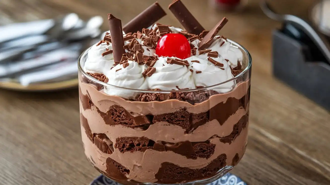 Delicious chocolate trifle layered with cake, chocolate mousse, and whipped cream.