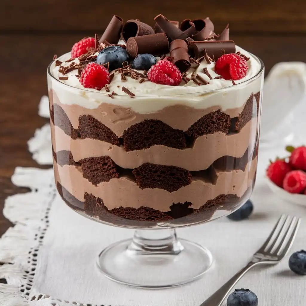 Layered chocolate trifle with cake, mousse, and whipped cream in a glass bowl.