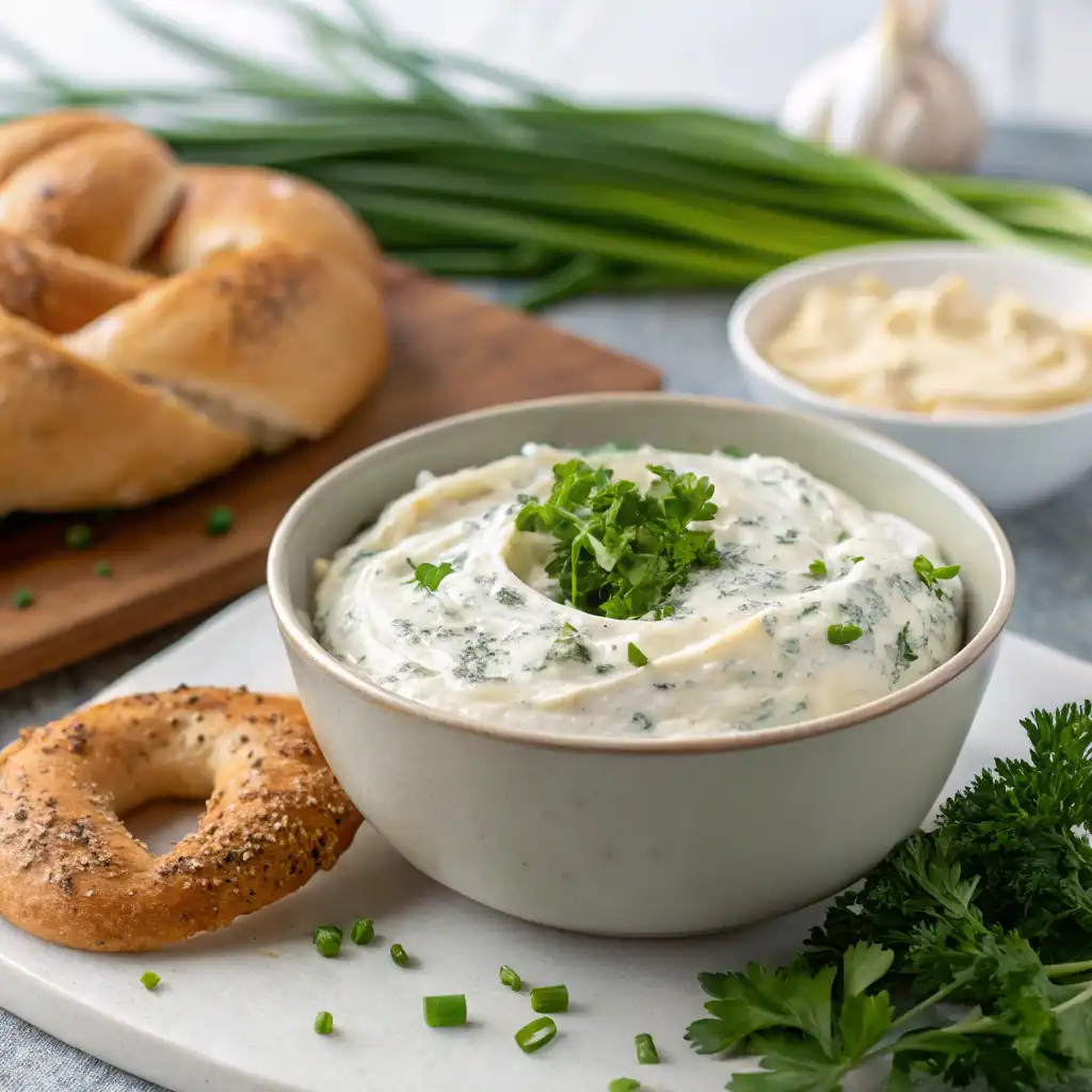 A bowl of creamy bagel dip with bagel slices, pita chips, and vegetable sticks on the side.