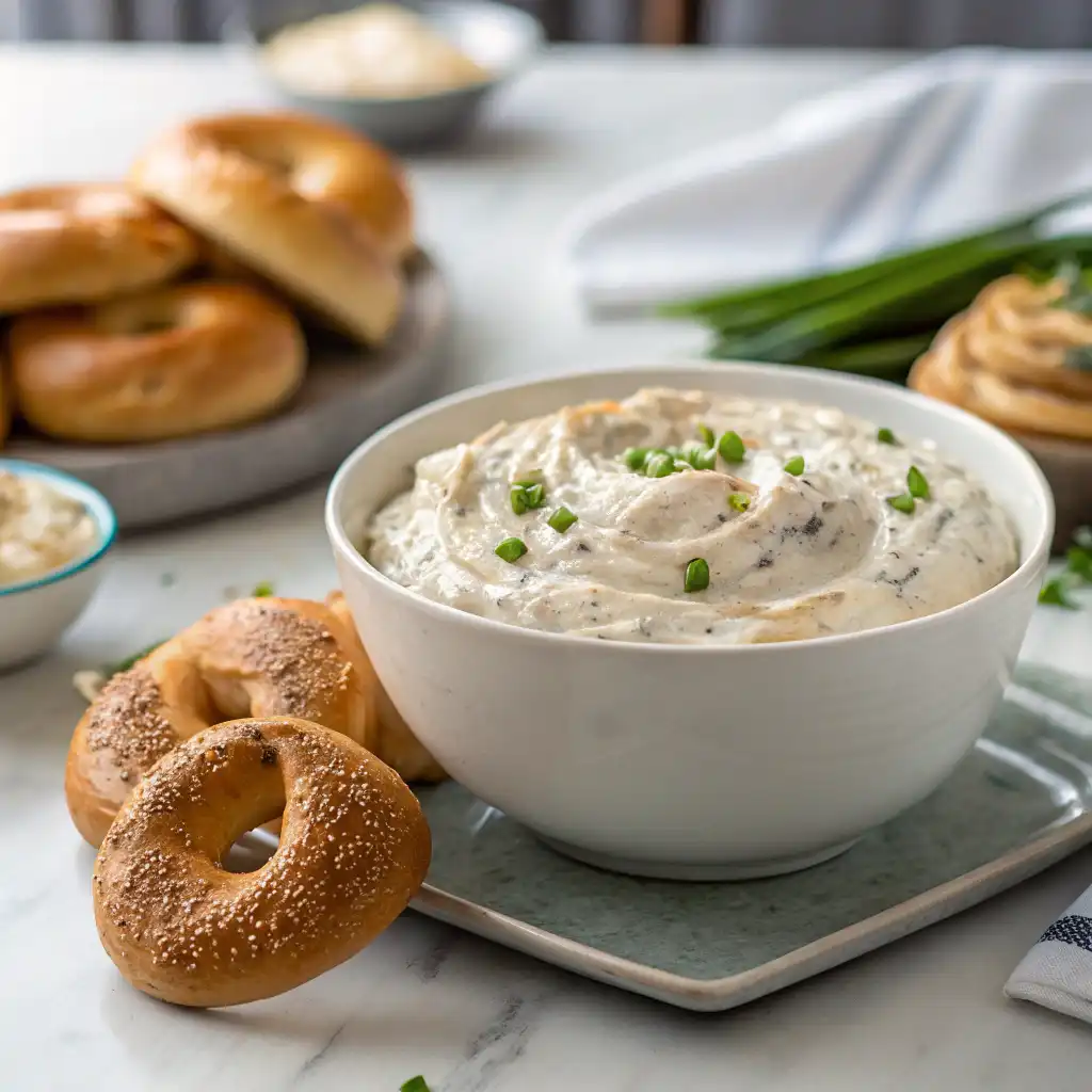 Bagel dip recipe served with toasted bagel slices, crunchy pita chips, and fresh vegetable sticks.