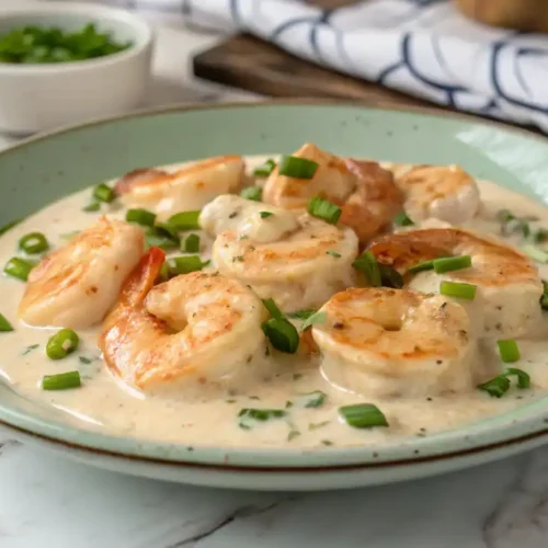 A plate of creamy garlic shrimp with plump shrimp coated in white sauce, garnished with freshly chopped green onions on a marble countertop.