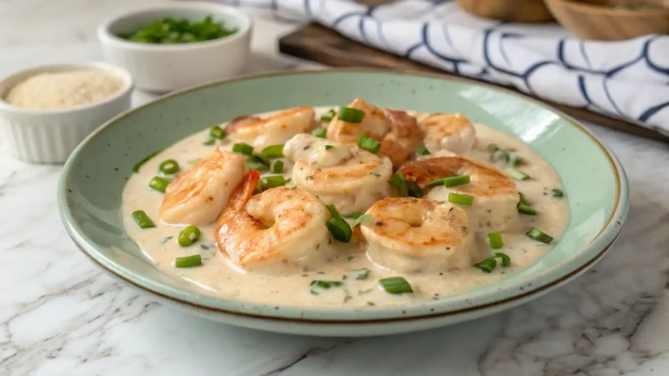 A plate of creamy garlic shrimp with plump shrimp coated in white sauce, garnished with freshly chopped green onions on a marble countertop.