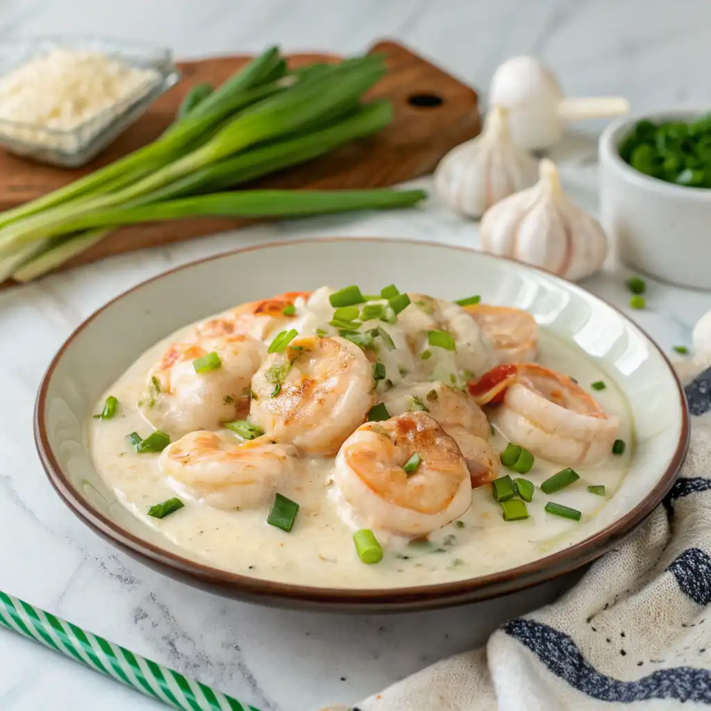 Creamy garlic shrimp in white sauce, garnished with green onions, served on a marble countertop.