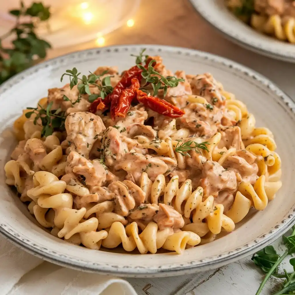 A plate of creamy Marry Me Chicken Pasta with small chicken pieces, sun-dried tomatoes, and Parmesan, coated in a rich sauce.