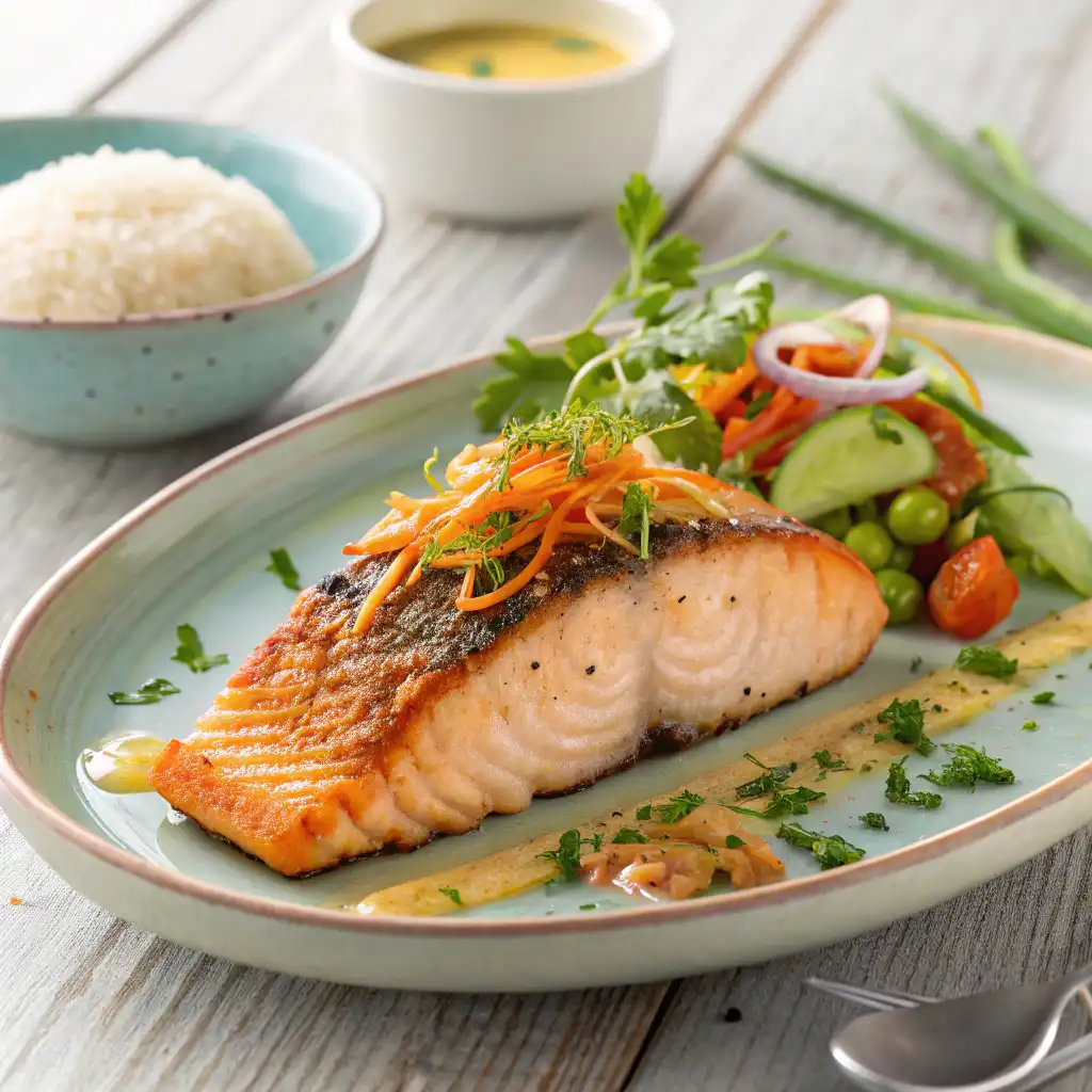 Pan-seared salmon belly with crispy skin, served with steamed rice and a side of sautéed vegetables.