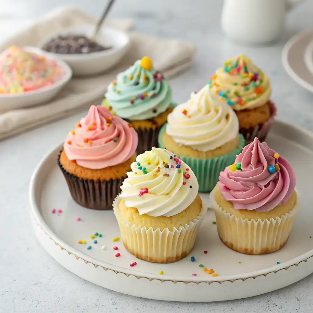 Close-up of dairy-free cupcakes with a swirl of vegan frosting and a sprinkle of cocoa powder.