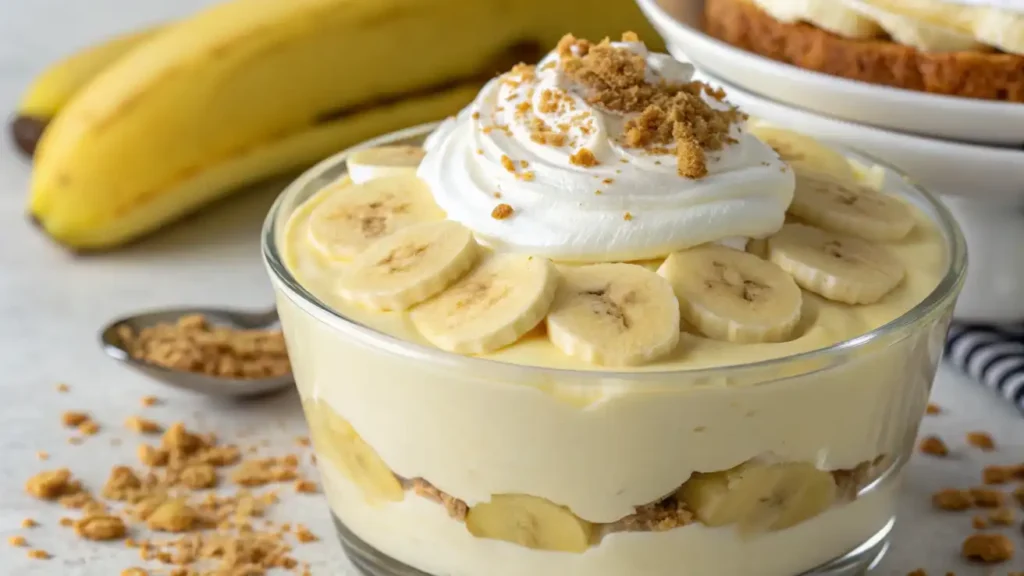 Close-up of creamy dairy-free banana pudding in a glass dish, layered with banana slices, topped with dairy-free whipped cream and crumbled graham crackers.